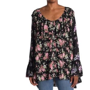Free People Dark Combo‎ Lorretta Floral Print Boho Hi-Low Tunic Top Size S